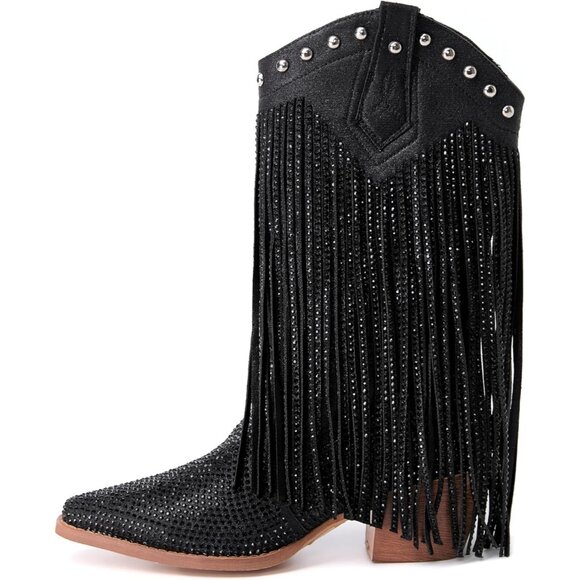 ⚡Women's Black Pointed toe Thick Heel Ankle Boot Ladies Crystal Embroider - Picture 1 of 6